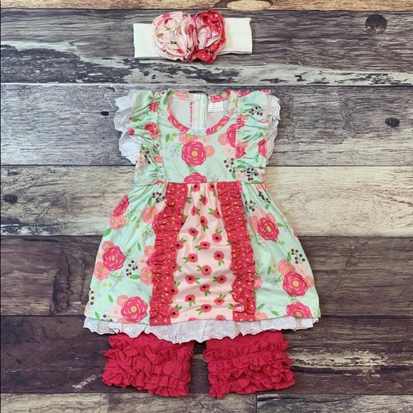 Boutique Other - Hot Pink & Mint Floral Dress Set w/ Headband